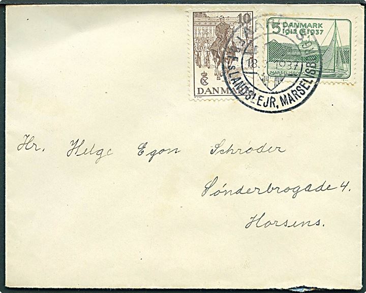 5 øre og 10 øre Regentjubilæum på brev annulleret med spejder særstempel Aarhus F.D.F.s Landslejr, Marselisborg d. 18.7.1937 til Horsens.