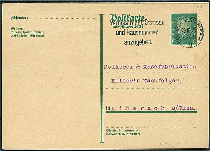8 pfg. Ebert dobbelt helsagsbrevkort fra Berlin d. 29.10.1925 til Biberach. Vedhængende brugt svardel stemplet Biberach d. 1.11.1925 til Berlin.
