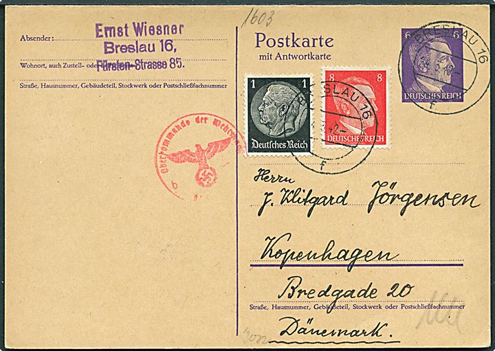 6 pfg. Hitler dobbelt helsagsbrevkort opfrankeret med 1 pfg. Hindenburg og 8 pfg. Hitler fra Breslau d. 24.3.1942 til København, Danmark. Tysk censur fra Berlin. Vedhængede ubenyttet svardel.