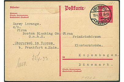 15 pfg. Hindenburg helsagsbrevkort fra Oberursel d. 19.4.1933 til København, Danmark.