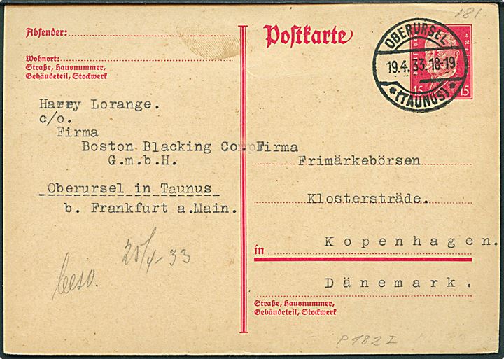 15 pfg. Hindenburg helsagsbrevkort fra Oberursel d. 19.4.1933 til København, Danmark.