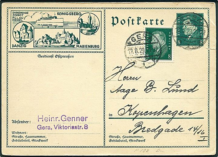 8 pfg. Eber illustreret helsagsbrevkort opfrankeret med 8 pfg. Ebert fra Gera d. 12.8.1929 til København, Danmark.
