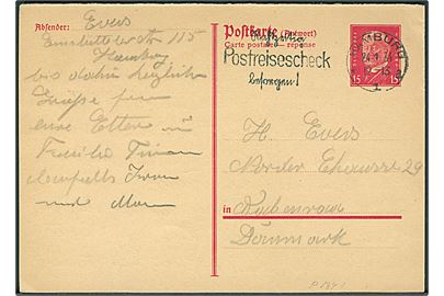 15 pfg. Hindenburg svardel af dobbelt helsagsbrevkort fra Hamburg d. 24.1.1934 til Aabenraa, Danmark.