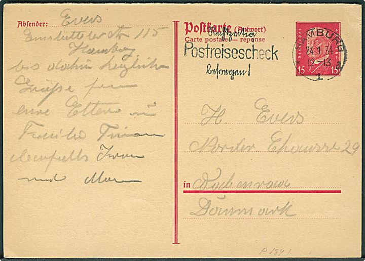 15 pfg. Hindenburg svardel af dobbelt helsagsbrevkort fra Hamburg d. 24.1.1934 til Aabenraa, Danmark.
