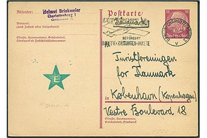 15 pfg. Hindenburg helsagsbrevkort mærket E (Esperanto) fra Berlin d. 14.6.1934 til København, Danmark.