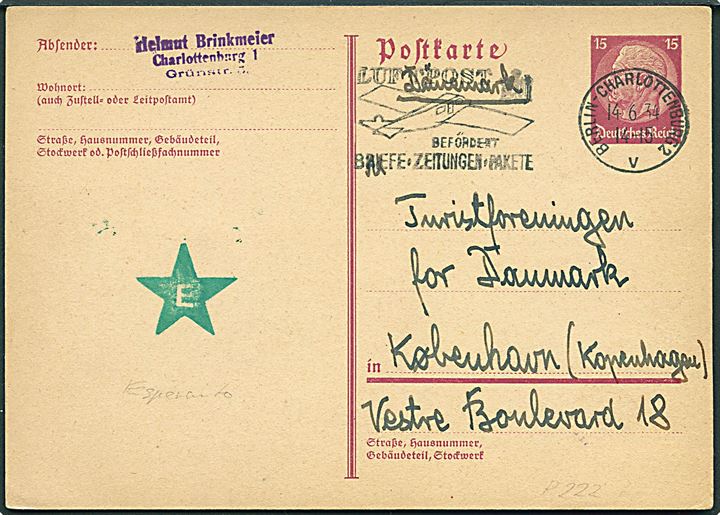 15 pfg. Hindenburg helsagsbrevkort mærket E (Esperanto) fra Berlin d. 14.6.1934 til København, Danmark.