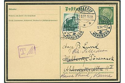 6 pfg. Hindenburg sørge-helsagsbrevkort opfrankeret med 6 pfg. Reichparteitag annulleret med særstempel Reichparteitag Nürnberg d. 8.9.1934 til Hellerup, Danmark - eftersendt til Henne Strand. Et mærke affaldet under postbefordring og brevkortet fejlagtigt udtakseret i porto med violet T-stempel.