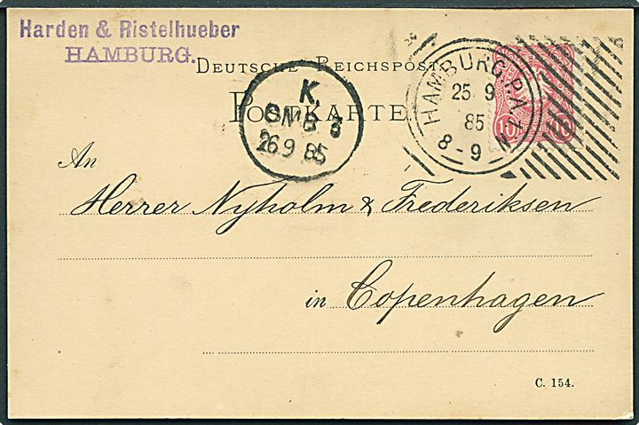 10 pfg. Adler på brevkort annulleret med smukt HOSTER-Maschinenstempel Hamburg P.A.1.N. d. 25.9.1885 til København, Danmark.
