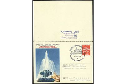 35+35 L. helsags dobbelt brevkort annulleret med tysk skibsstempel Rostock - Warnemünde / Fähre Rostock-Warnemünde-Gedser d. 14.3.1967 til Pössneck. Vedhængende svardel.