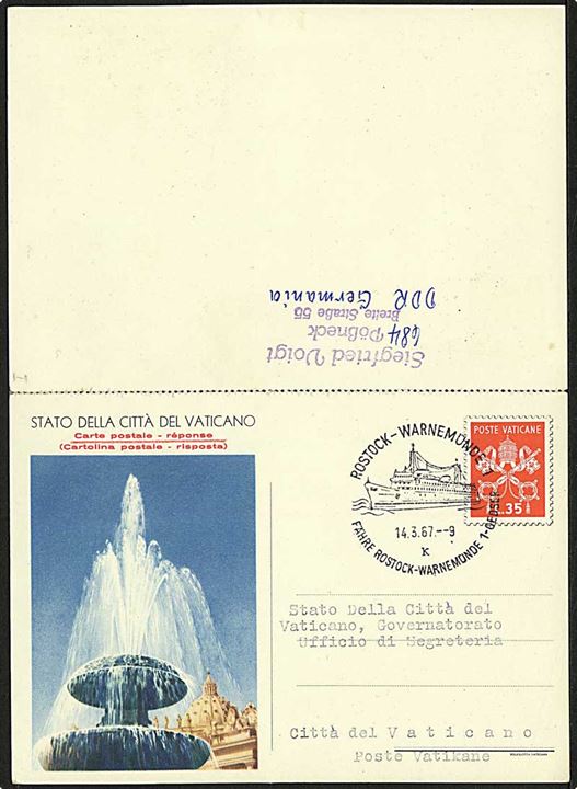 35+35 L. helsags dobbelt brevkort annulleret med tysk skibsstempel Rostock - Warnemünde / Fähre Rostock-Warnemünde-Gedser d. 14.3.1967 til Pössneck. Vedhængende svardel.