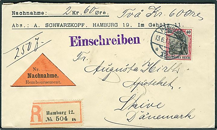40 pfg. Germania single på fortrykt anbefalet brev med opkrævning fra Hamburg d. 13.6.1913 til Skive, Danmark. Opkrævningsbeløb angivet i dansk valuta.