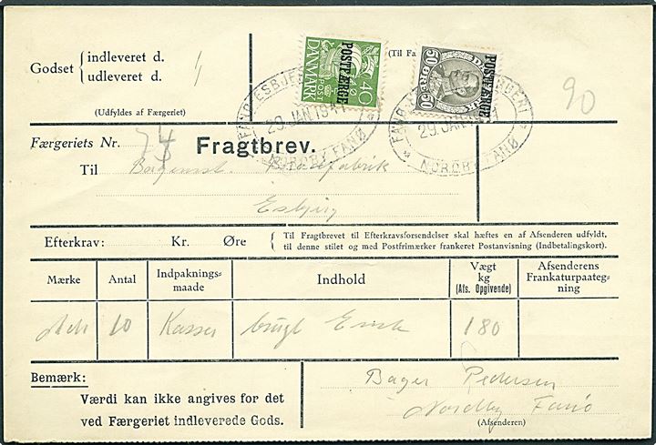 40 øre Karavel og 50 øre Chr. X Postfærgemærke på fragtbrev stemplet Nordby Fanø d. 29.1.1941 til Esbjerg. God postfærgeforsendelse i retning fra Fanø til Esbjerg.