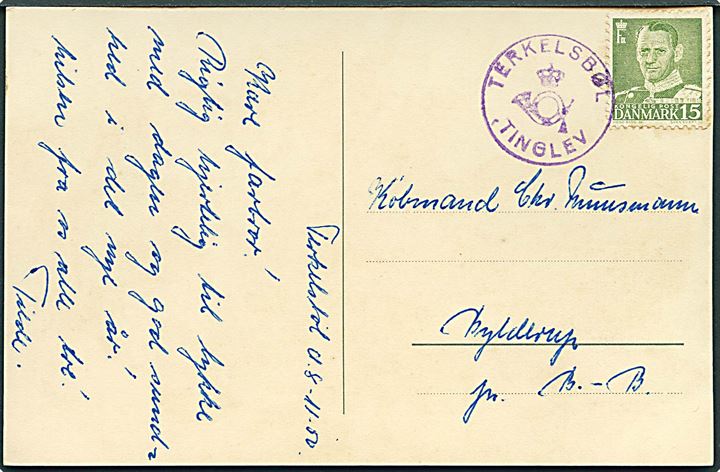 15 øre Fr. IX på brevkort dateret d. 8.11.1950 annulleret med posthornstempel TERKELSBØL TINGLEV til Bylderup.