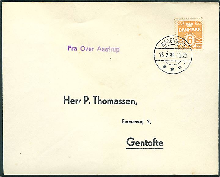 6 øre Bølgelinie på filatelistisk tryksag stemplet Haderslev d. 15.2.1949 og sidestemplet med kassetømningsstempel Fra Over Aastrup til P. Thomassen, Gentofte.