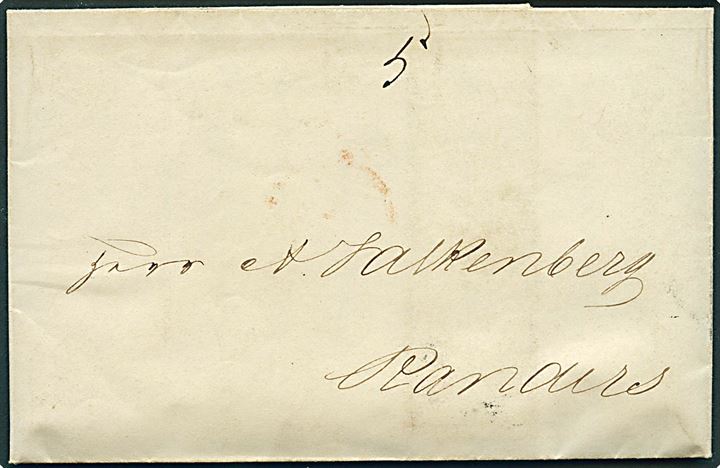 1842. Francobrev med antiqua Kjøbenhavn d. 11.2.1842 påskrevet 5 (gebyr for indlevering efter normal åbningstid) til Randers. Fuldt indhold.