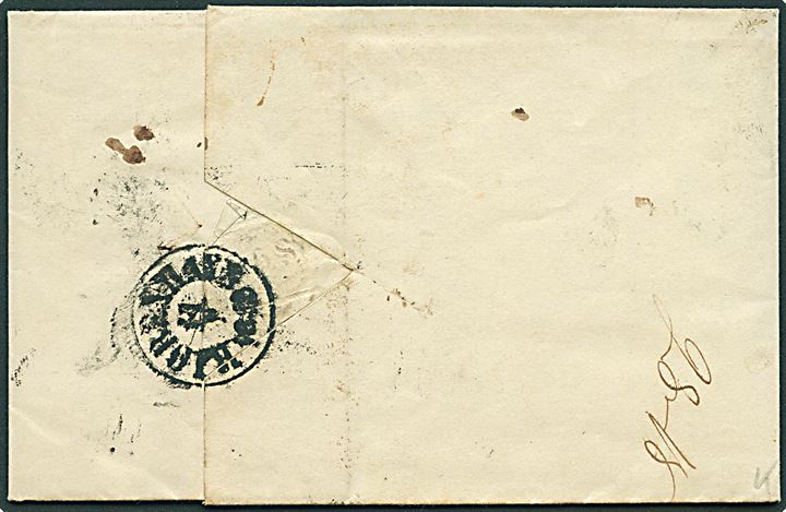 1842. Francobrev med antiqua Kjøbenhavn d. 11.2.1842 påskrevet 5 (gebyr for indlevering efter normal åbningstid) til Randers. Fuldt indhold.