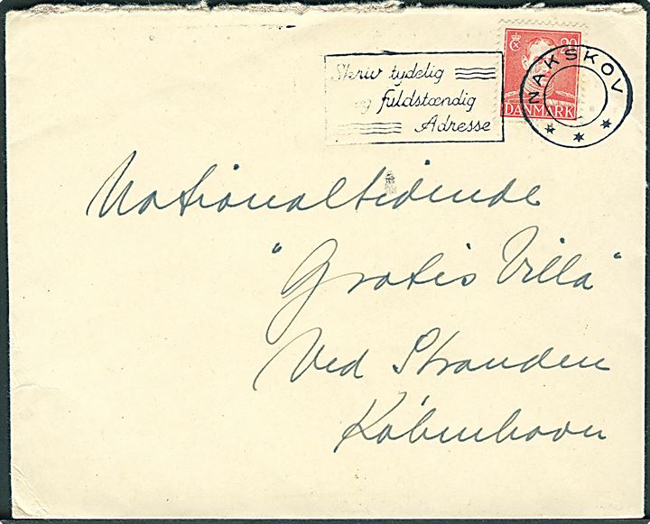 20 øre Chr. X på brev annulleret med TMS Skriv tydelig og fuldstændig Adresse/Nakskov uden datoindsats til København.