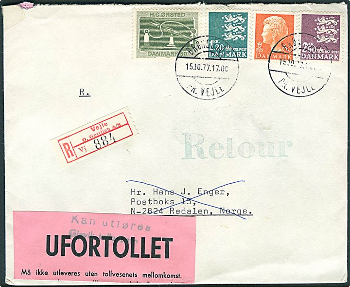 4,50 kr. blandingsfrankeret anbefalet brev annulleret med pr.-stempel Brøndsodde pr. Vejle d. 15.10.1977 til Redalen, Norge. Retur som modtagelse nægtet med norsk toldetiket.