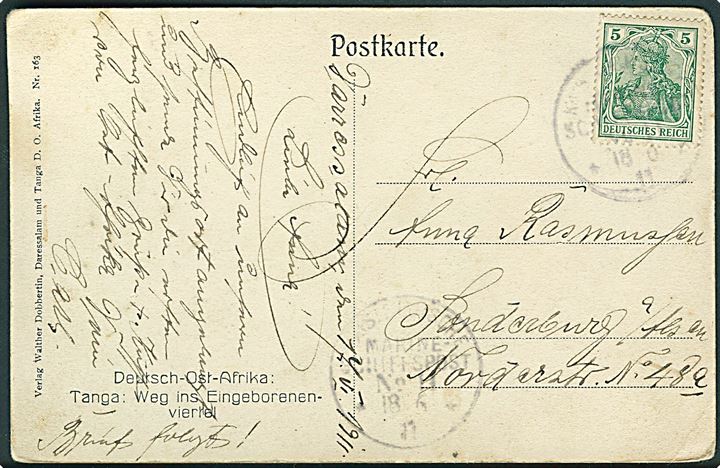 5 pfg. Germania på brevkort dateret Daressalam i Tysk Østafrika stemplet Kais. Deutsche Marineschiffspost No. 11 d. 18.6.1911 til Sønderborg. Sendt fra marinesoldat ombord på krydseren SMS Seeadler ved Tysk Østafrika.