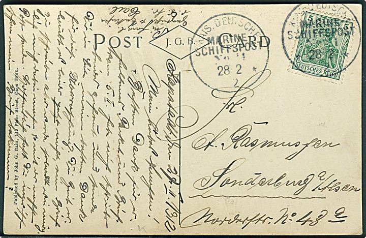 5 pfg. Germania på brevkort dateret Capetown, South Africa stemplet Kais. Deutsche Marineschiffspost No. 11 d. 28.2.1912 til Sønderborg. Sendt fra marinesoldat ombord på krydseren SMS Seeadler ved Tysk Østafrika.