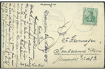 5 pfg. Germania på brevkort dateret Daressalam i Tysk Østafrika stemplet Kais. Deutsche Marineschiffspost No. 11 d. 19.3.1913 til Sønderborg. Sendt fra marinesoldat ombord på krydseren SMS Seeadler ved Tysk Østafrika.