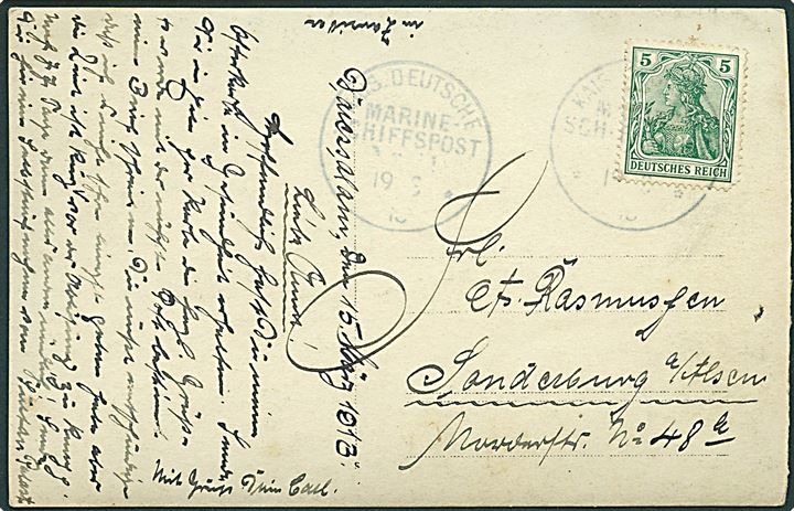 5 pfg. Germania på brevkort dateret Daressalam i Tysk Østafrika stemplet Kais. Deutsche Marineschiffspost No. 11 d. 19.3.1913 til Sønderborg. Sendt fra marinesoldat ombord på krydseren SMS Seeadler ved Tysk Østafrika.