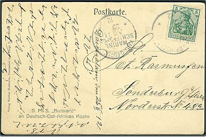 5 pfg. Germania på brevkort (SMS Bussard) dateret Daressalam i Tysk Østafrika stemplet Kais. Deutsche Marineschiffspost No. 11 d. 25.6.1912 til Sønderborg. Sendt fra marinesoldat ombord på krydseren SMS Seeadler ved Tysk Østafrika.