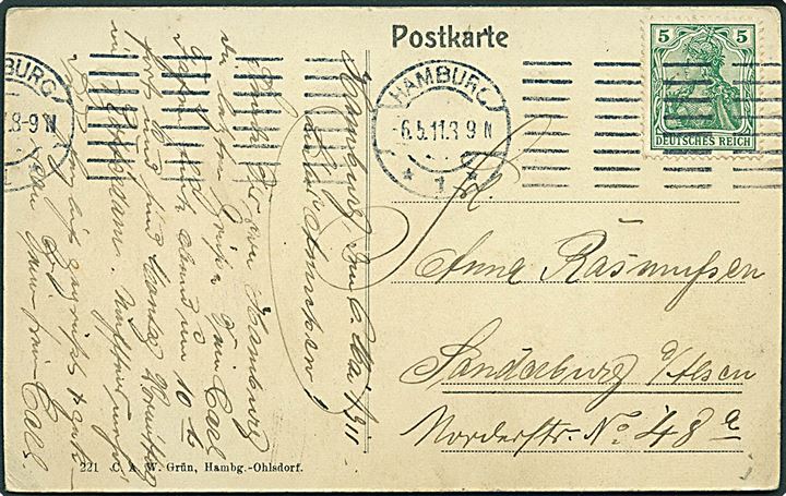 5 pfg. Germania på brevkort (R.P.D. Windhuk) fra Hamburg d. 6.5.1911 til Sønderborg. Fra sømand under rejse til Tysk Østafrika hvor han skal gøre tjeneste ombord på krydseren SMS Seeadler. Afs. på billedsiden.