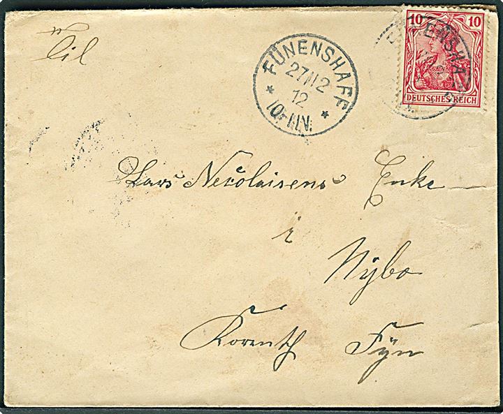 10 pfg. Germania på GRÆNSEPORTO-brev stemplet Fünenshaff d. 27.12.1912 til Nybo pr. Korinth på Fyn. Interessant grænseporto-forsendelse over Lillebælt.