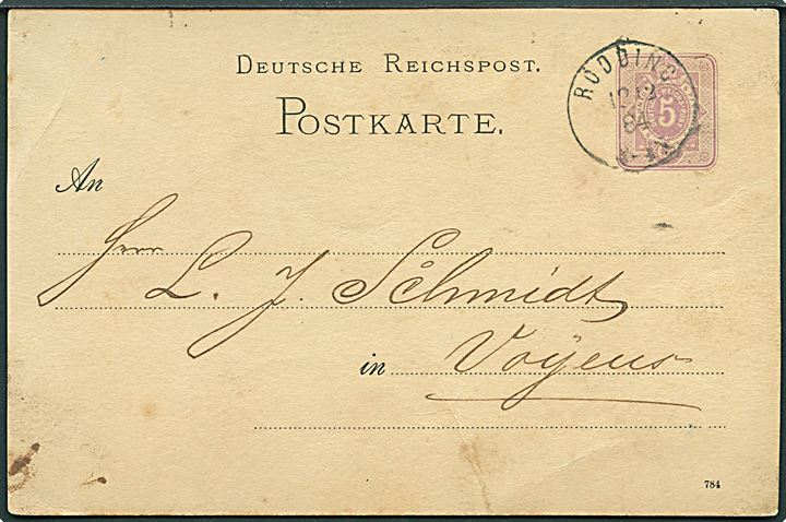 5 pfg. helsagsbrevkort dateret Kjøbenhoved annulleret Rödding d. 12.12.1884 til Vojens.