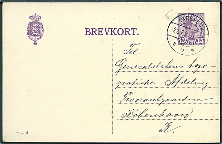 15 øre Chr. X helsagsbrevkort (fabr. 77-H) annulleret med brotype IIb Aarøsund d. 22.7.1925 til København.