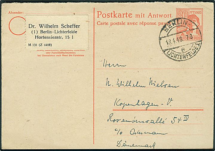 30 pfg. spørgedel af dobbelt helsagsbrevkort stemplet Berlin-Lichtenfelde d. 18.4.1948 til København, Danmark.