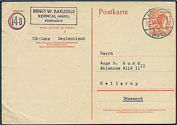 30 pfg. helsagsbrevkort fra Korntal d. 10.3.1948 til Hellerup, Danmark. Hjørnefold.