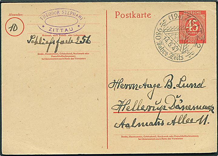 45 pfg. helsagsbrevkort fra Zittau d. 14.5.1947 til Hellerup, Danmark.