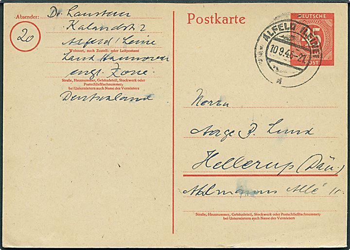 45 pfg. helsagsbrevkort fra Alfeld d. 10.9.1946 til Hellerup, Danmark.