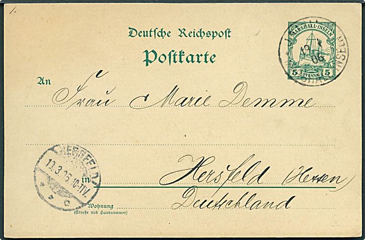 5 pfg. Hohenzollern helsagsbrevkort fra Jaluit Marshall Inseln d. 19.1.1906 til Hersfeld, Tyskland. Kort hilsen på bagsiden.