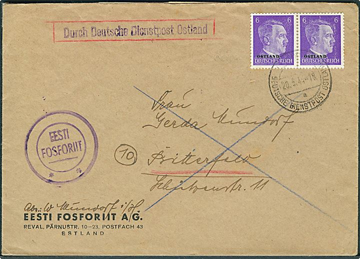 6 pfg. Hitler Ostland provisorium i parstykke på brev fra Reval d. 20.5.1944 til Bitterfeld, Tyskland.