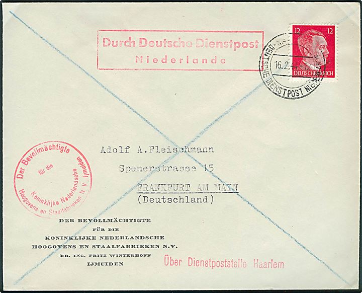 12 pfg. Hitler på brev stemplet Haarlem Deutsche Dienstpost Niederland d. 16.2.1944 til Frankfurt, Tyskland.