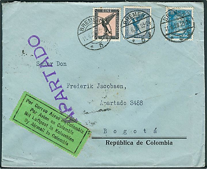 25 pfg. Goethe, 20 pfg. og 1 mk. Luftpost på luftpostbrev fra Bremen d. 11.6.1928 via Cartagena til Bogota, Colombia. Grøn 4-sproget luftpostetiket vedr. indenrigsluftpost i Colombia med selskabet SCADTA.
