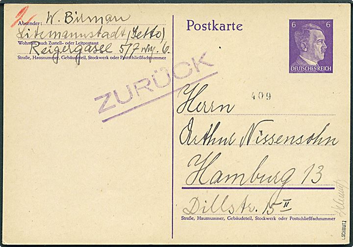 6 pfg. Hitler helsagsbrevkort fra den jødiske getto i Litzmannstadt (tidl. Lodz i Polen) dateret d. 31.10.1941 til Hamburg. Returneret med stempel: Zurück.