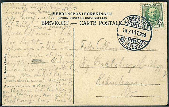 Udsigt over havnen, Stubbekøbing. G.Bruuns Forlag no. 1?41. Frankeret med 5 øre Fr. VIII og annulleret med bureaustempel Kjøbenhavn - Masnedsund T.946 d. 14.7.1910 til København.
