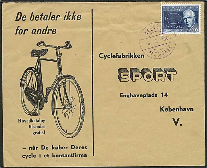 60 øre Niels Bohr på Cykel kuvert annulleret med violet pr.stempel Qaersut pr. Umanak d. 6.7.1968 til København, Danmark.
