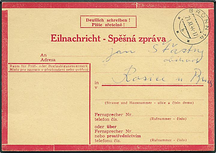 Böhmen-Mähren. 2-sproget Eilnachricht kort fra Brünn d. 21.11.1944 til Brux. Meddelelse udsendt efter det amerikanske luftansgreb på Brünn/Brno i Böhmen d. 20.11.1944.