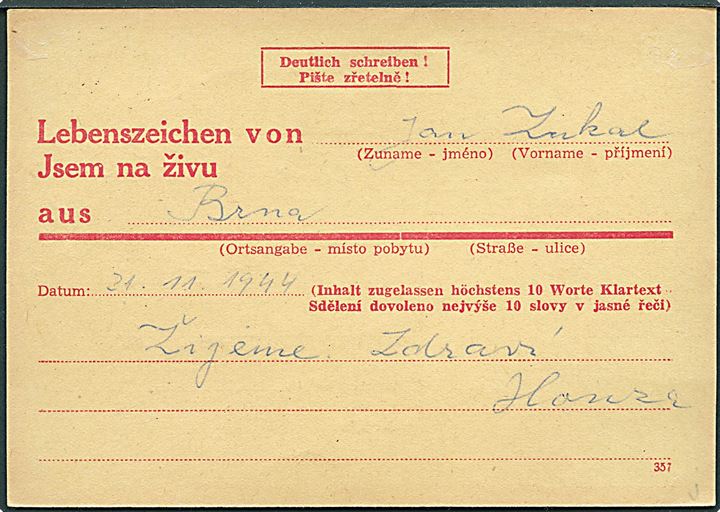 Böhmen-Mähren. 2-sproget Eilnachricht kort fra Brünn d. 21.11.1944 til Brux. Meddelelse udsendt efter det amerikanske luftansgreb på Brünn/Brno i Böhmen d. 20.11.1944.