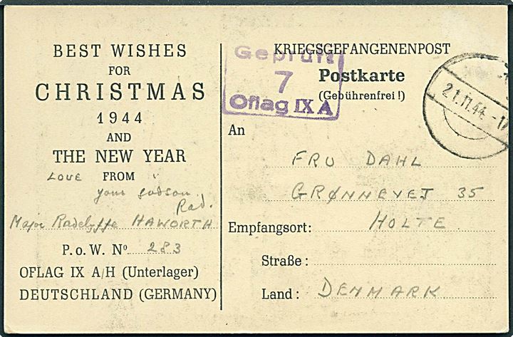 Ufrankeret fortrykt Jule-krigsfangebrevkort fra britisk officer major Radclyffe Haworth i Oflag IXA/H (= Schloss Spangenberg) med stumt stempel d. 21.11.1944 til Holte, Danmark. Violet lejrcensur.