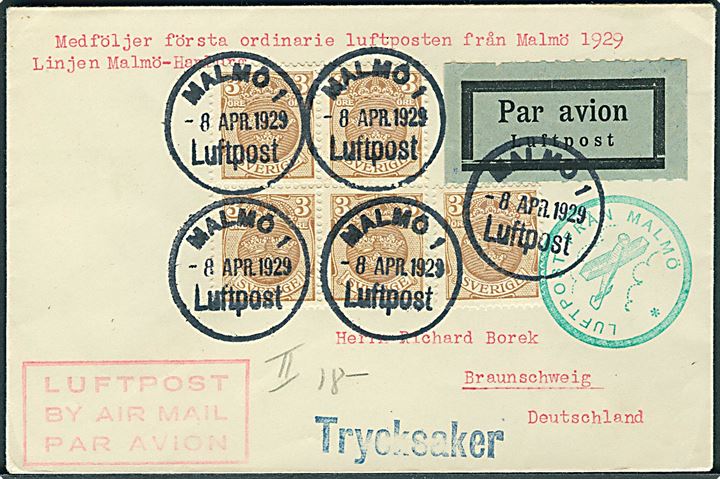 3 öre Tre Kroner (5) på luftpost tryksag annulleret Malmö 1 Luftpost d. 8.4.1929 til Braunschweig, Tyskland.