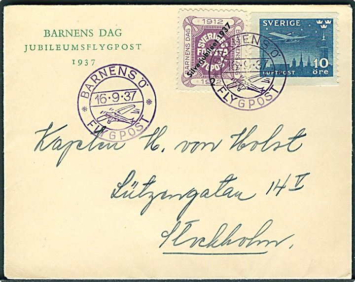 10 öre Luftpost og Barnens Dag 1912 Silverjubiléet 1937 provisorium på lille fortrykt kuvert Barnens Dag Jubileumsflygpost 1937 stemplet Barnets Ö * Flygpost * d. 16.9.1937 til Stockholm.