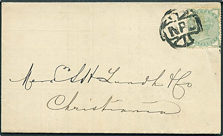 ½d Victoria single på markedsberetning fra London d. 1.3.1882 sendt som tryksag og annulleret med stumt stempel NPB til Christiania, Norge.