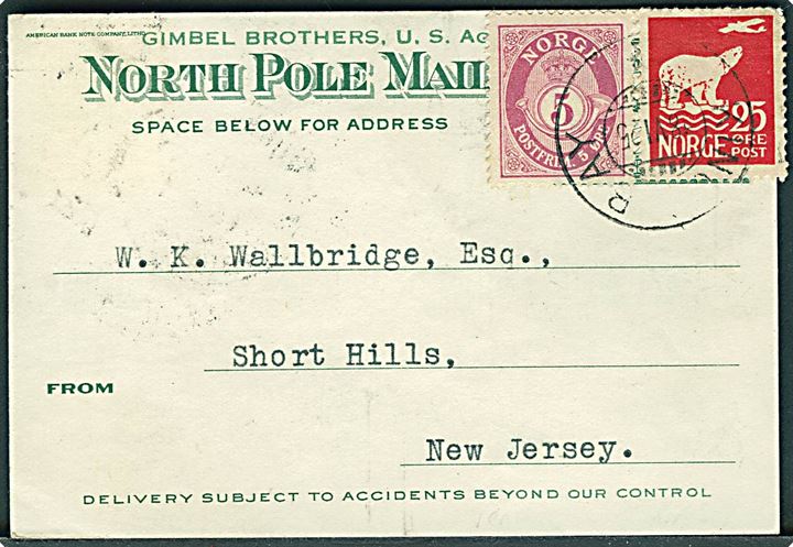 Amerikansk 2 cents Washington stemplet New York d. 27.3.1924 på lille brevkort til The Trans-Polar Flight Expedition i Christiania, Norge. Opfrankeret med 5 øre Posthorn og 25 øre Svalbard stemplet Kings Bay d. 18.4.1925 til New Jersey, USA.