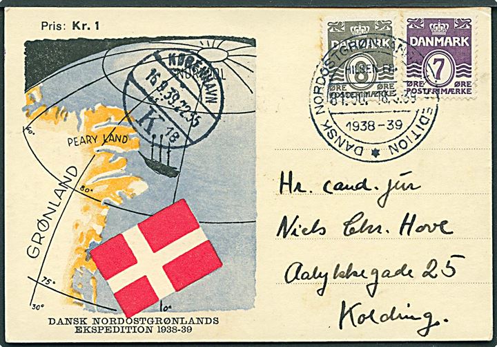 7 øre og 8 øre Bølgelinie på ekspeditionsbrevkort annulleret med særstempel Dansk Nordostgrønlandsekspedition d. 18.6.1939 via København d. 16.9.1939 til Kolding.